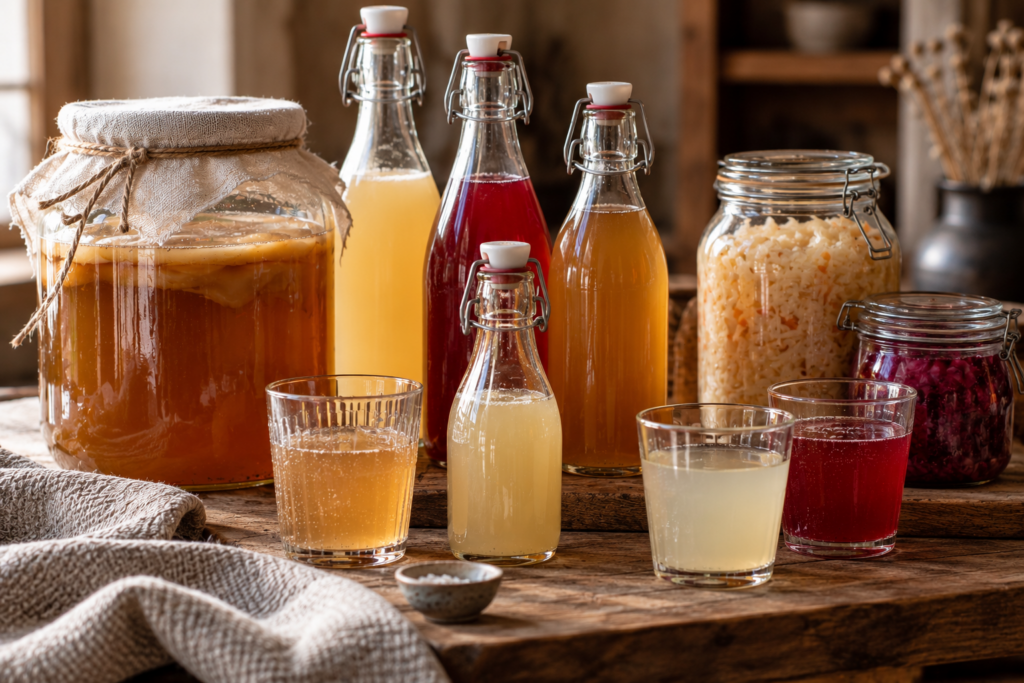 Verschiedene fermentierte Getränke und Lebensmittel in Gläsern und Bügelflaschen auf einem Holztisch.